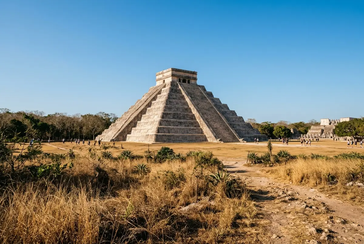 Reisende stehen im klaren, trockenen Licht der Trockenzeit vor der Pyramide El Castillo in Chichen Itza, blauer Himmel ohne Regenwolken, Szene zur besten reisezeit chichen itza