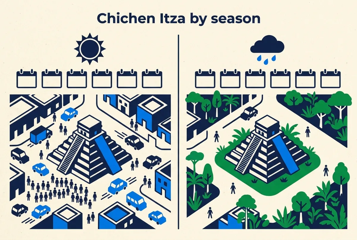 Einfacher Kalender-Grafikstil mit Trockenzeit- und Regenzeitmonaten in zwei Farben nebeneinander, kleine Symbole für Sonne und Regenwolke, generische Beschriftungen ohne konkrete Zahlen