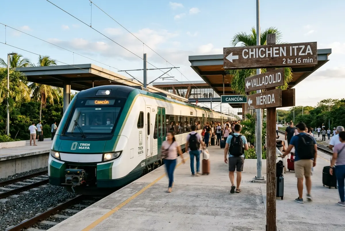 Quai moderne d'une gare du Tren Maya avec une rame stationnée, panneau indiquant la direction de Chichen Itza