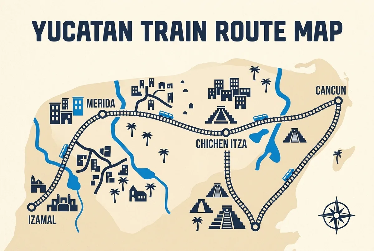 Carte simplifiée montrant le tracé du Tren Maya entre Cancún et Mérida avec la gare desservant Chichen Itza mise en évidence