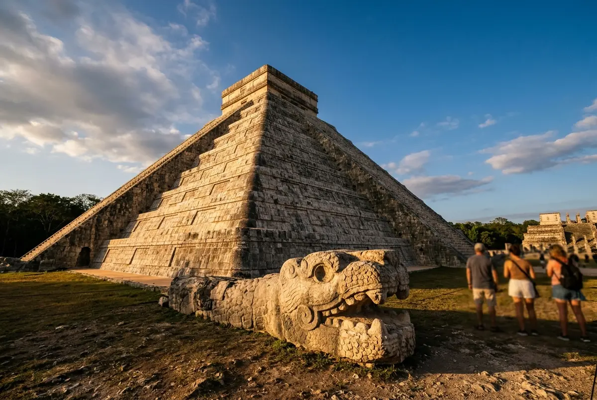 Weitwinkelaufnahme der Stufenpyramide El Castillo in Chichen Itza im warmen Nachmittagslicht mit einem geschnitzten Schlangenkopf am Fuß der Treppe, Szene zur chichen itza geschichte