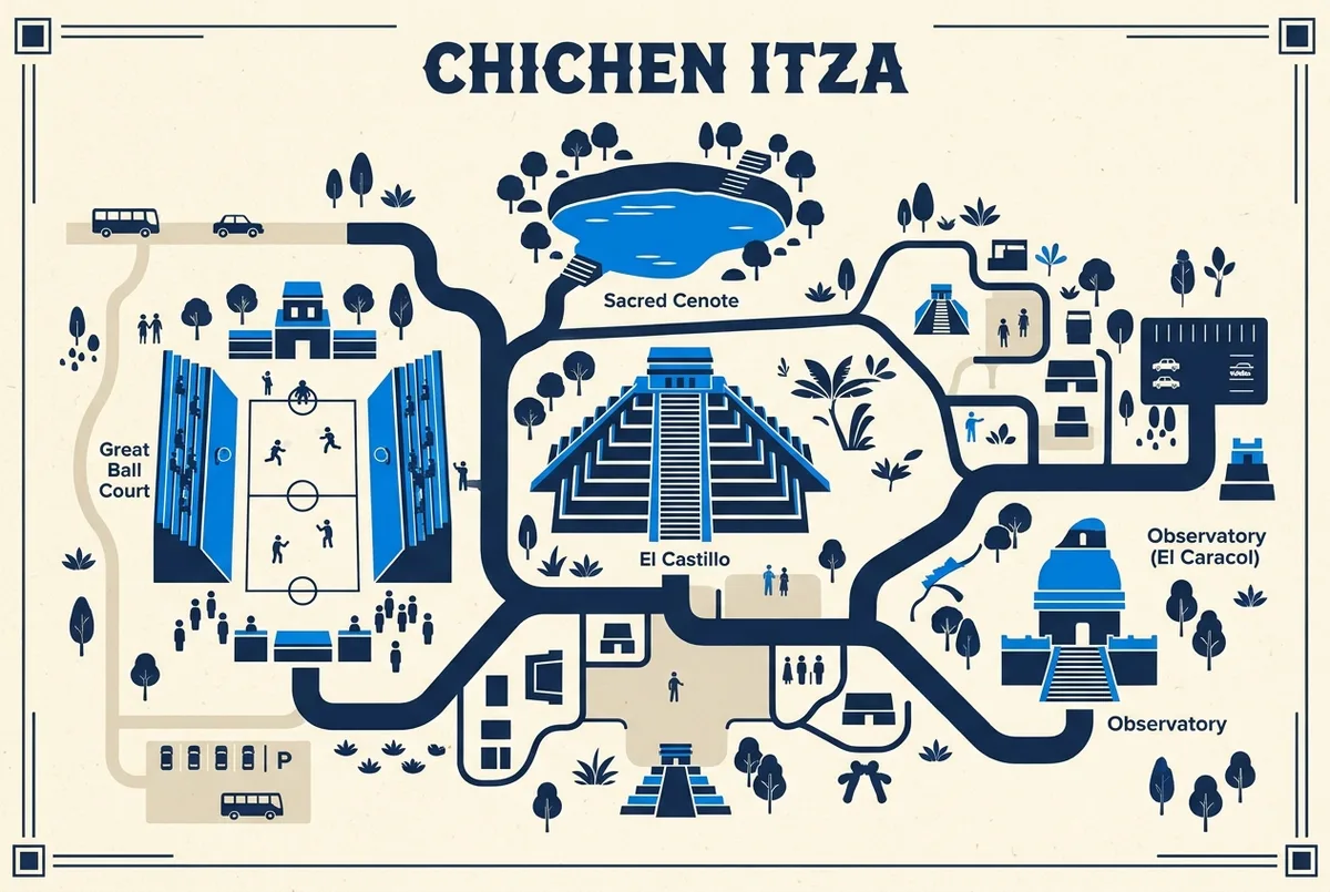 Einfache Illustration mit Beschriftungen der Stätte Chichen Itza, die El Castillo, den Heiligen Cenote, das Große Ballspielfeld und das Observatorium als verbundene Punkte entlang eines zentralen Pfades zeigt