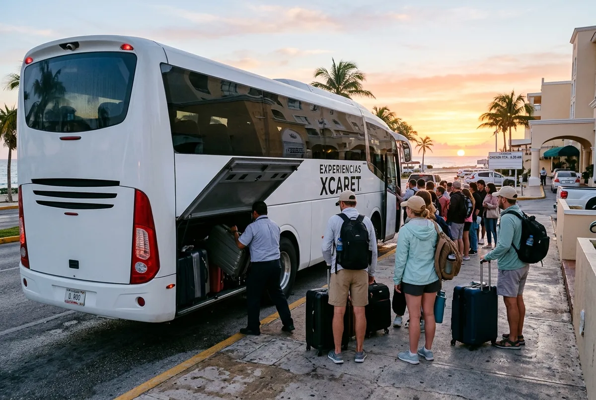 Reisebus fährt im frühen Morgenlicht aus der Hotelzone von Cancun auf die Fernstraße Richtung Landesinneres, Szene zu einer chichen itza tour from cancun