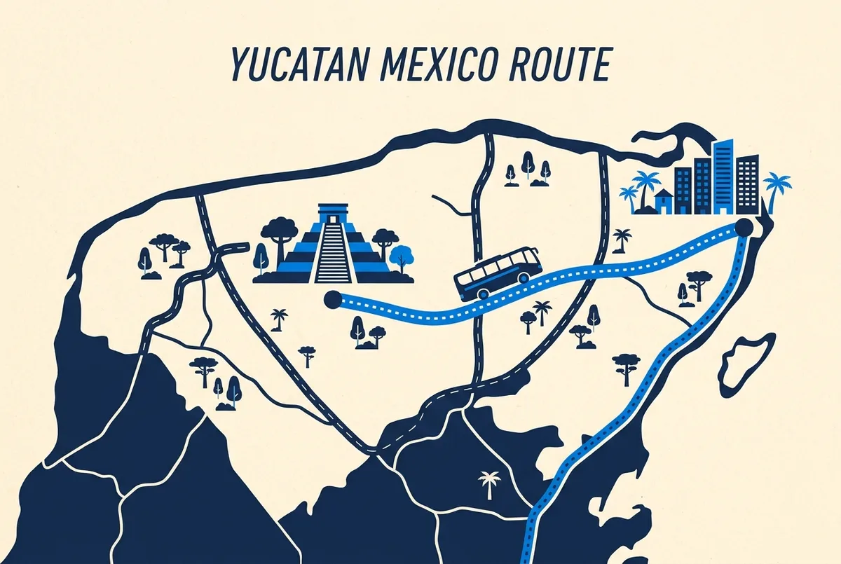 Einfache Routenskizze zwischen Cancun und Chichen Itza mit einem Bus-Icon auf der Fernstraße und einem kleinen Fähren-Icon in Richtung Cozumel, generische Symbole ohne Zahlen oder Beschriftungen mit Werten