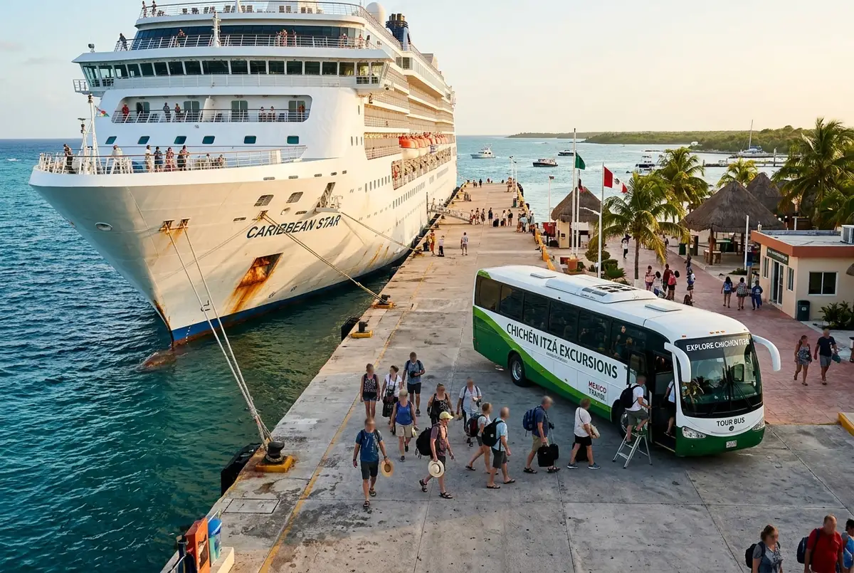 Passeggeri di una nave da crociera che scendono dal traghetto al molo di Playa del Carmen all'alba per l'escursione chichen itza da cozumel