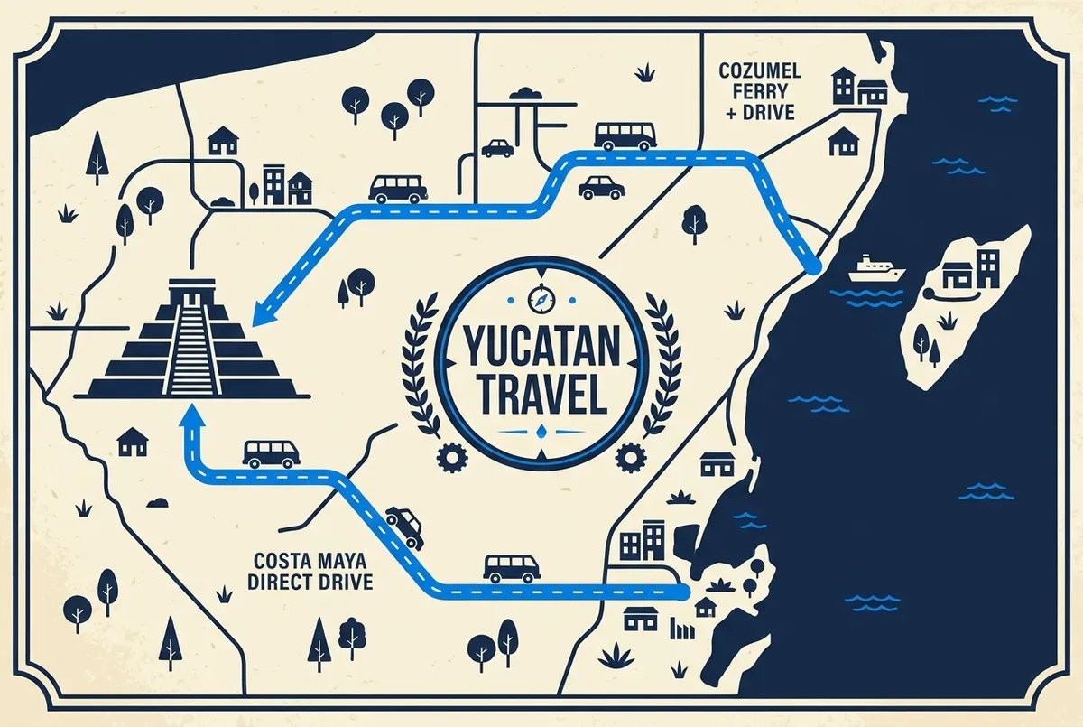 Infografica che mostra la sequenza traghetto più bus da Cozumel a Chichen Itza con i tempi di ciascuna tappa su una mappa semplificata dello Yucatan