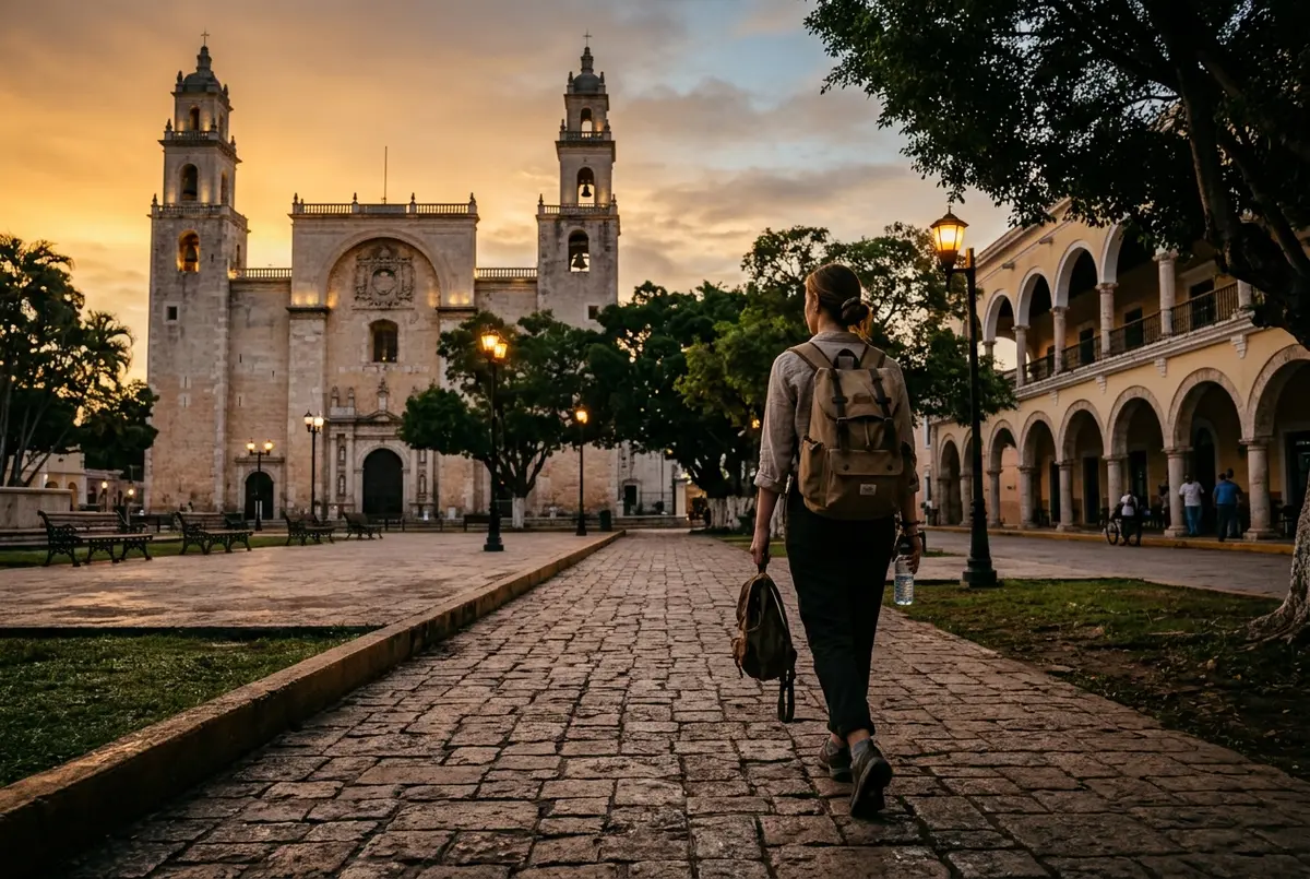 Rue pavée colorée du centre colonial de Valladolid avec une église au fond, point de départ le plus proche de Chichen Itza