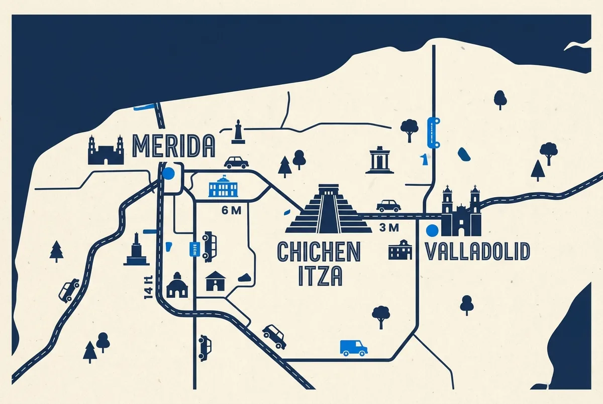Carte simplifiée du Yucatán montrant Valladolid et Mérida reliées à Chichen Itza avec leurs temps de trajet respectifs
