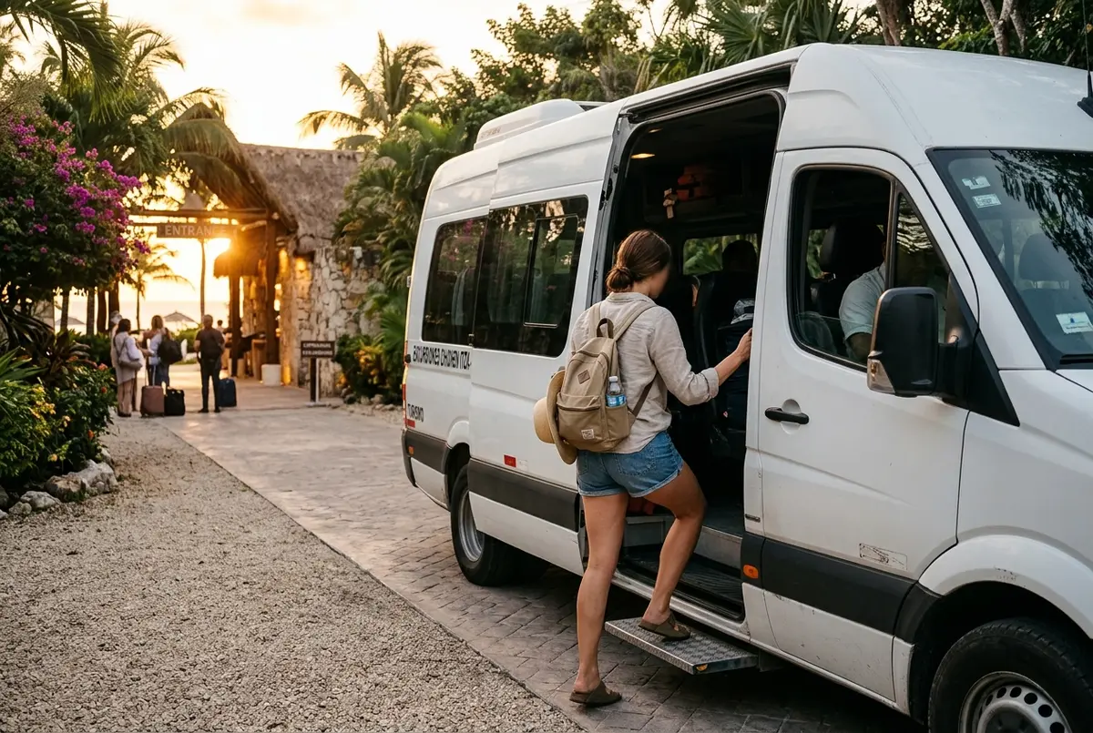 Viaggiatore che sale su un van turistico fuori da un resort di Playa del Carmen all'alba per il tragitto verso Chichen Itza