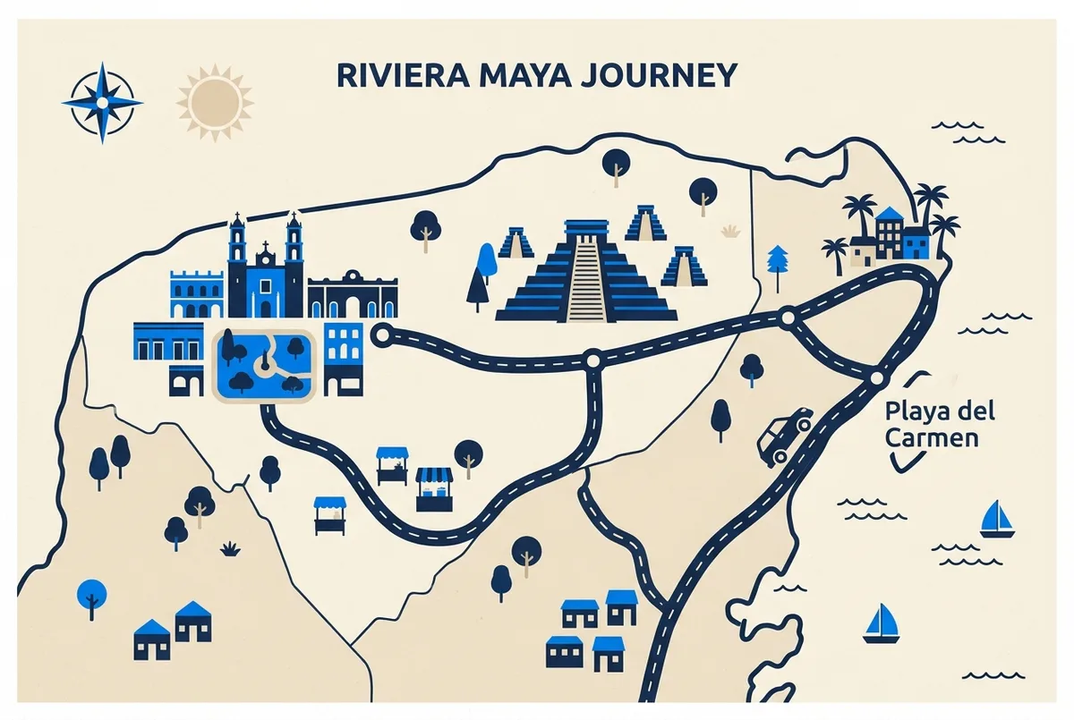 Mappa semplificata dello Yucatan con la rotta della Riviera Maya da Playa del Carmen attraverso Chichen Itza fino a Valladolid, con un'etichetta del tempo di guida
