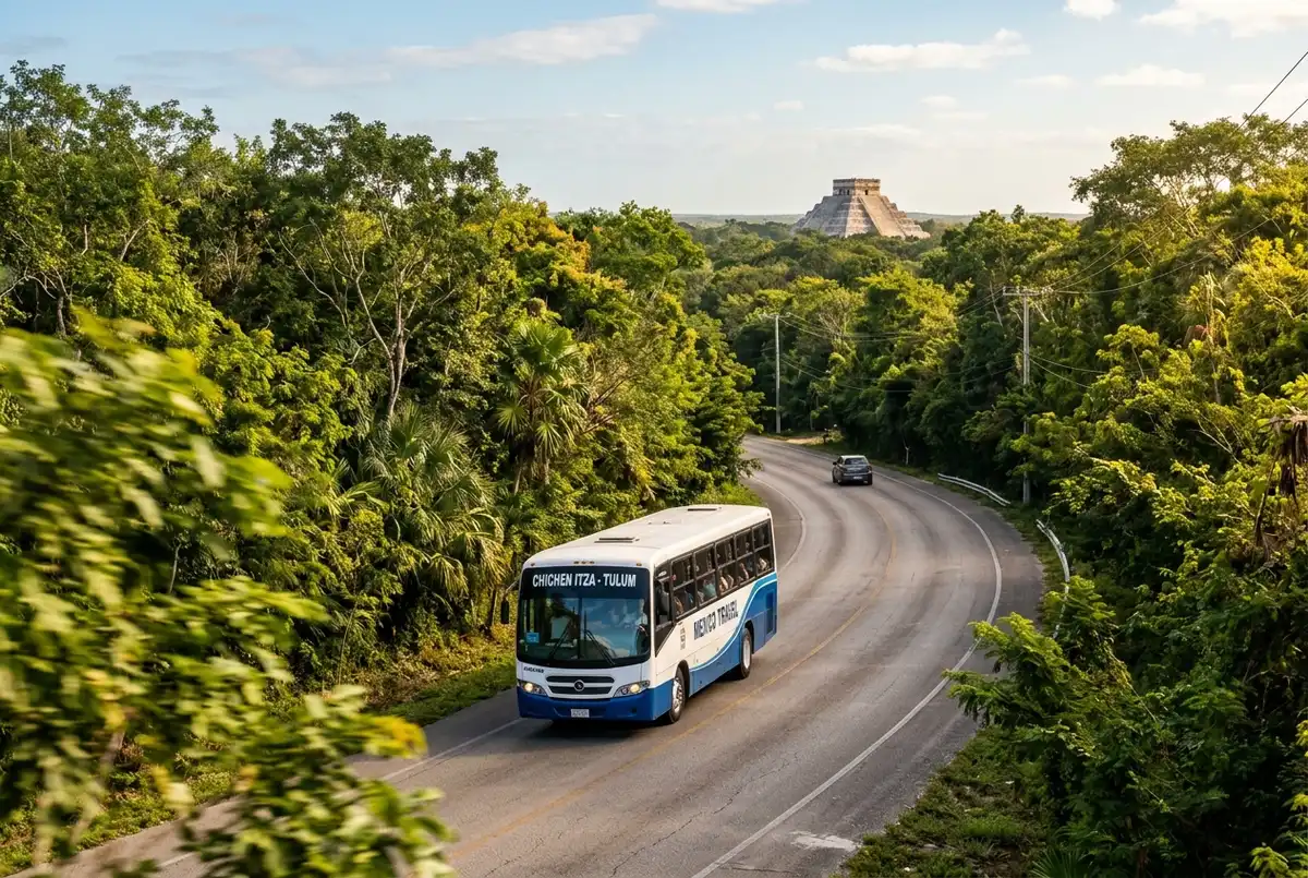 Route forestière du Yucatán avec un panneau de signalisation vers Chichen Itza vue depuis un bus d'excursion parti de Tulum