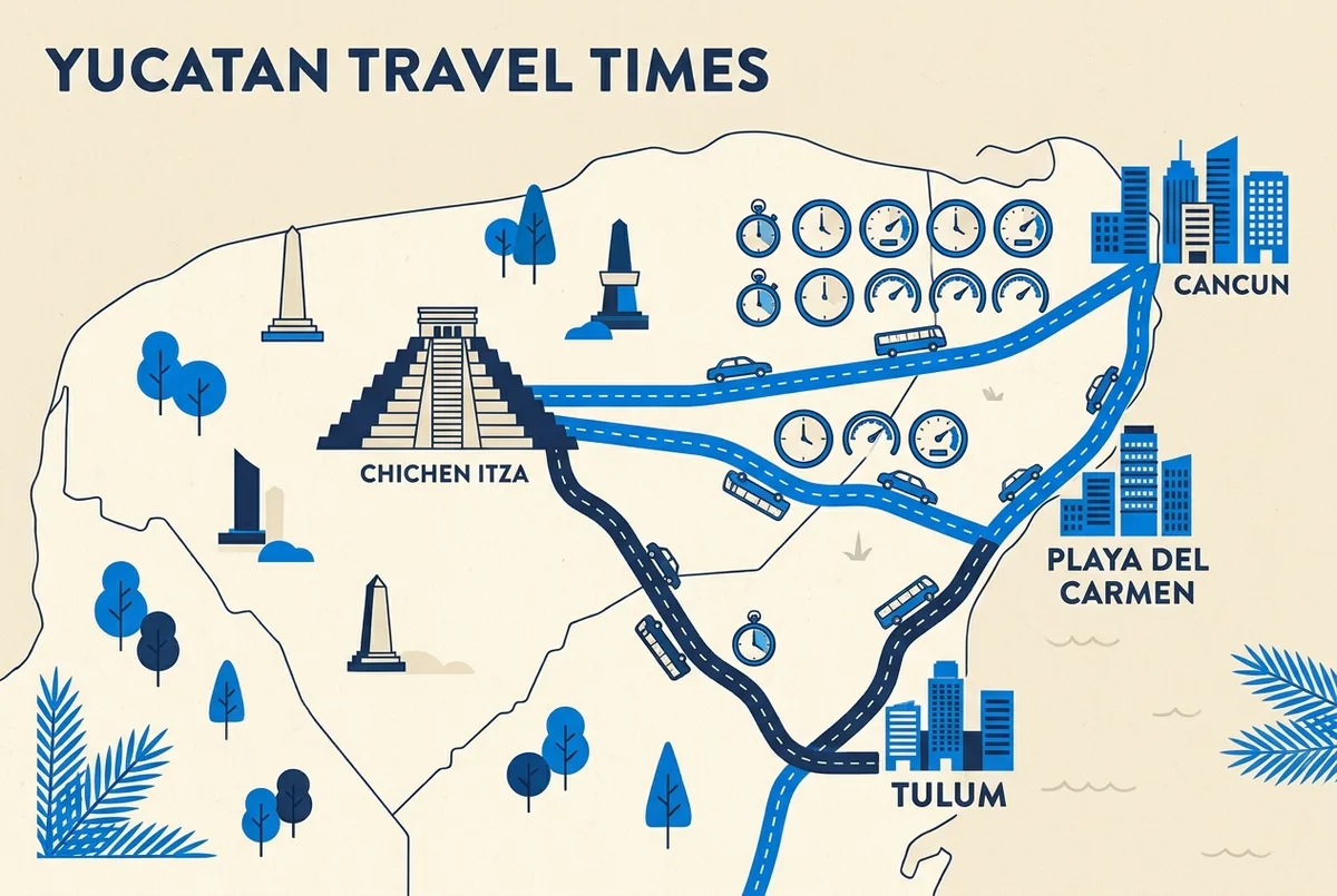 Carte simplifiée montrant Tulum et Chichen Itza reliés par une ligne de route avec le temps de trajet d'environ deux heures