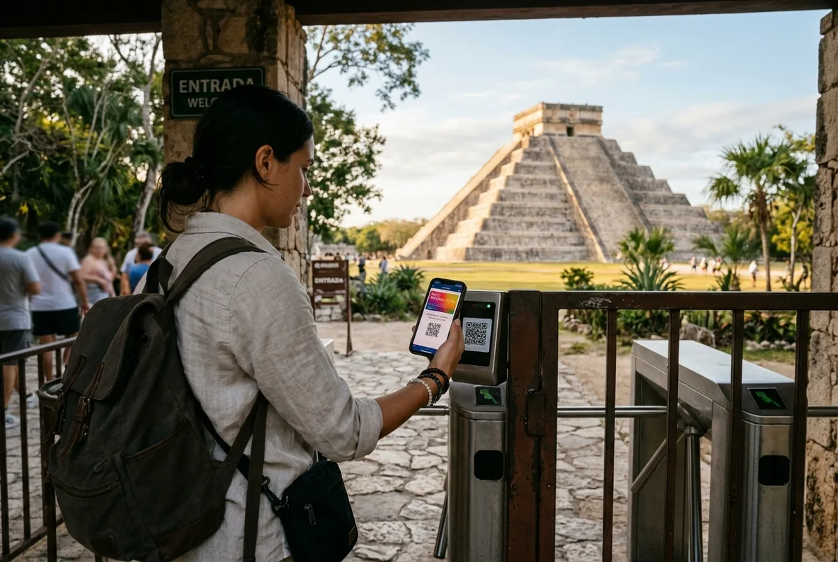 Traveler holding a phone with a digital entrance ticket at the Chichen Itza gate, El Castillo pyramid visible beyond the turnstile in early morning light