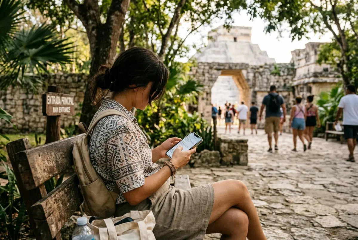Viaggiatore che legge le recensioni di un tour a Chichen Itza sul telefono vicino alla Piramide di Kukulcan al tramonto