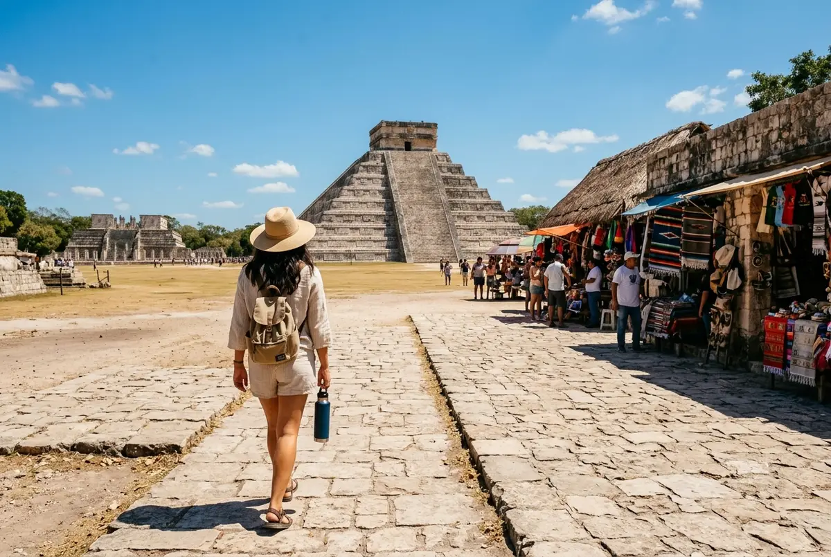 Reisender mit breitkrempigem Hut und Wasserflasche geht über den offenen Steinplatz von Chichen Itza in intensiver Mittagssonne, Verkäuferstände säumen den Weg