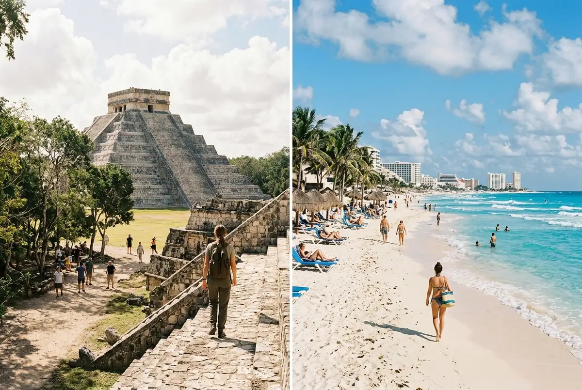 Side-by-side travel comparison scene of Chichen Itza's El Castillo pyramid and Tulum's clifftop ruins above a turquoise Caribbean beach at golden hour