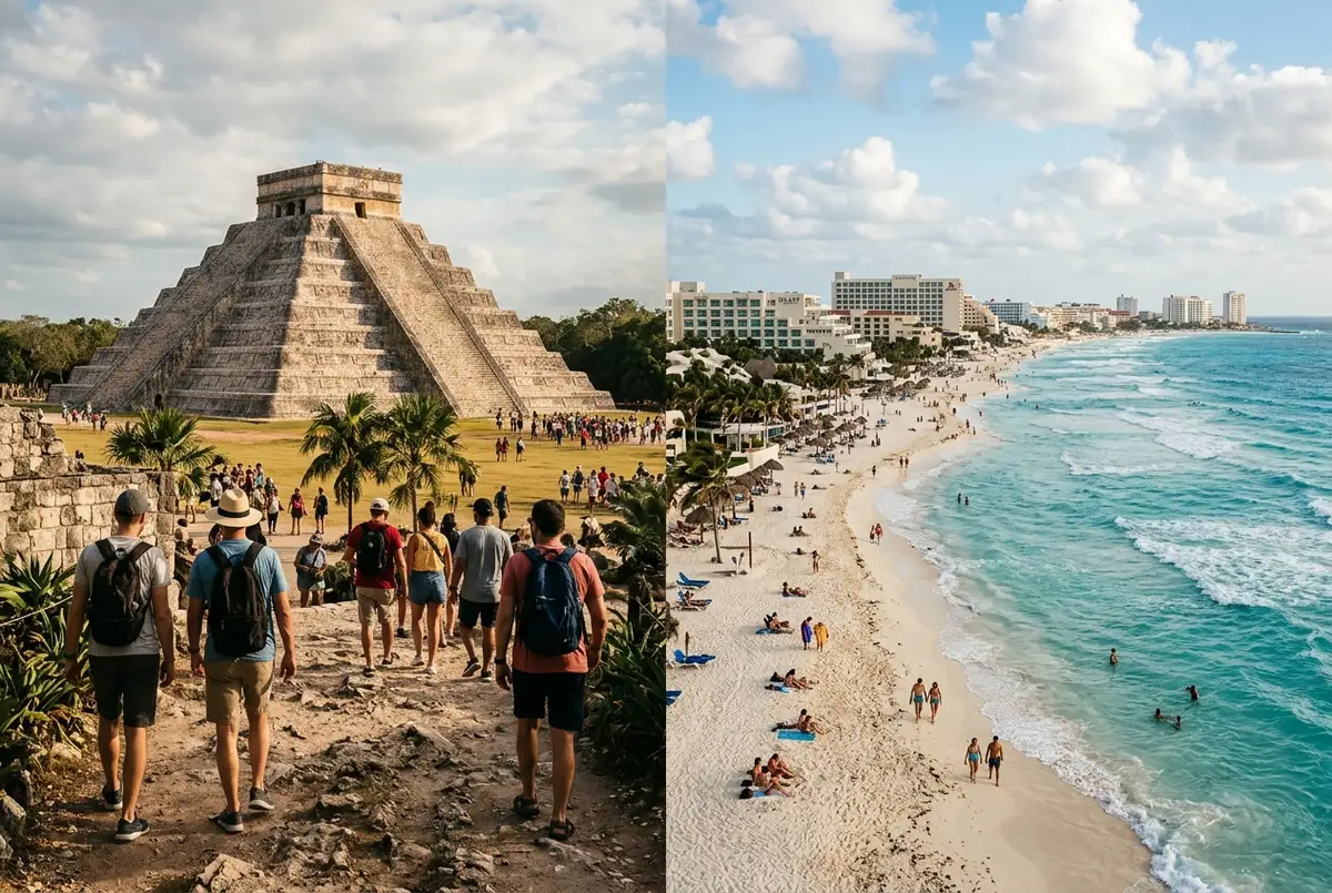 Comparison travel scene of Chichen Itza's stepped El Castillo pyramid beside Uxmal's rounded Puuc-style Pyramid of the Magician under daytime sky