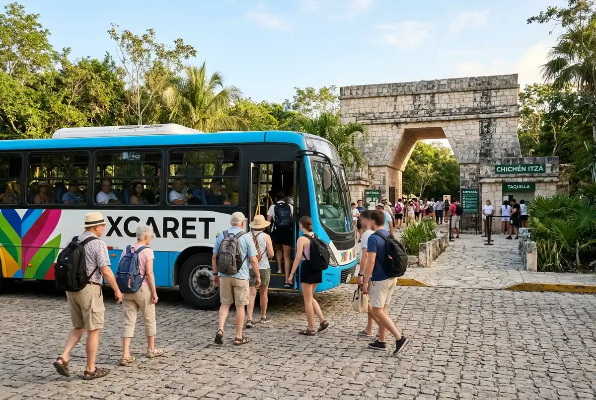 Autobús turístico de la marca Xcaret estacionado frente a la entrada de Chichén Itzá con turistas subiendo a bordo bajo la luz de la mañana
