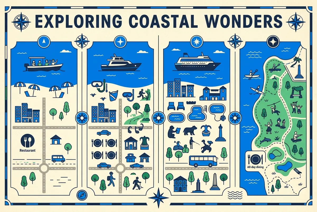 Infografía comparando los niveles Clásico, Plus y Deluxe de un tour tipo Xcaret con el tour propio de día completo de este sitio, por precio e inclusiones