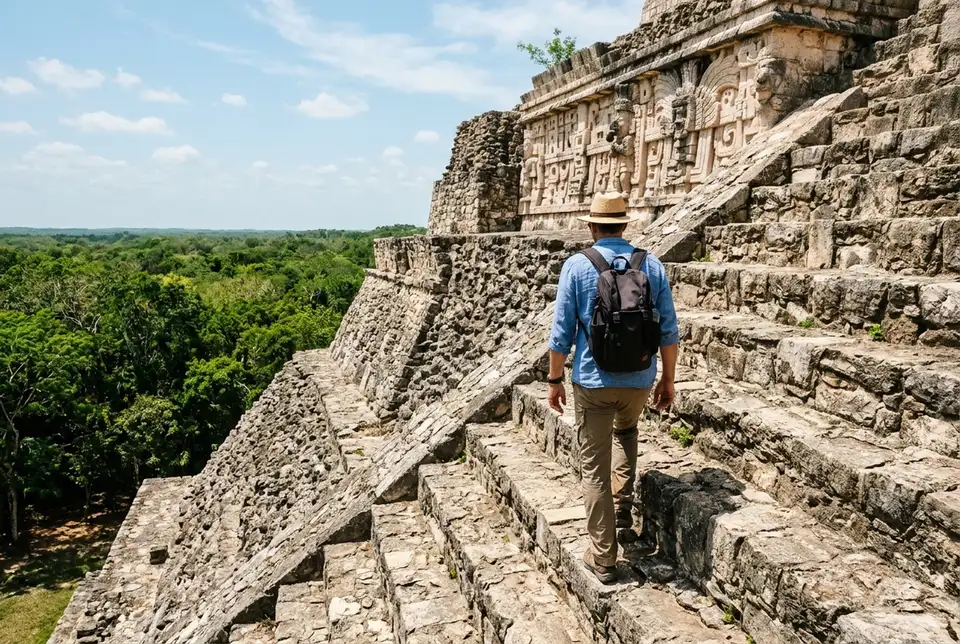 Traveler climbing the steep stone staircase of the Ek Balam pyramid ruins in the Yucatan jungle under bright midday sun, weathered stucco frieze visible near the top