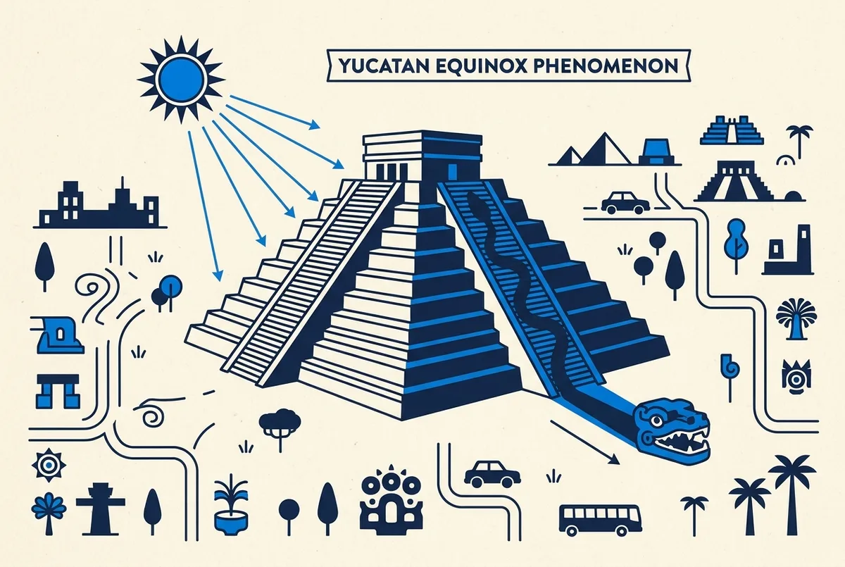 Simple diagram showing the sun's angle, El Castillo's stepped terraces, and the resulting shadow path down the staircase, labeled for the equinox effect