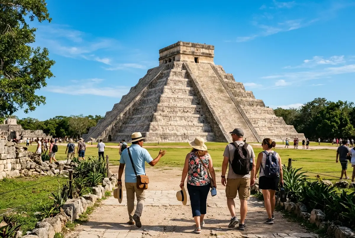 Viaggiatori su un tour a chichen itza che camminano verso la piramide El Castillo sotto un cielo azzurro terso