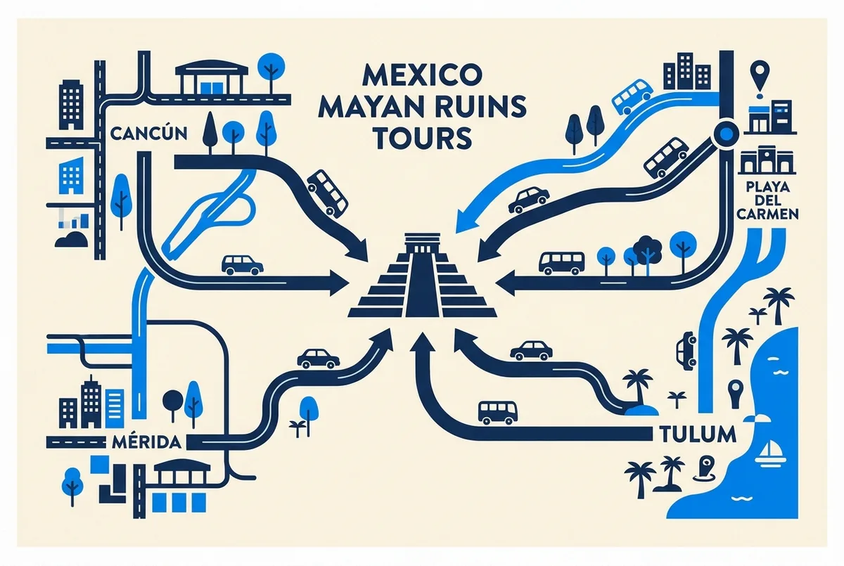 Illustrazione in stile mappa con i percorsi dei tour a chichen itza da Cancun, Playa del Carmen, Tulum e Merida