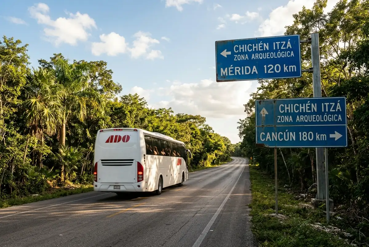 Bus d'excursion roulant sur une route du Yucatán bordée d'arbres vers Chichen Itza avec un panneau indiquant les ruines