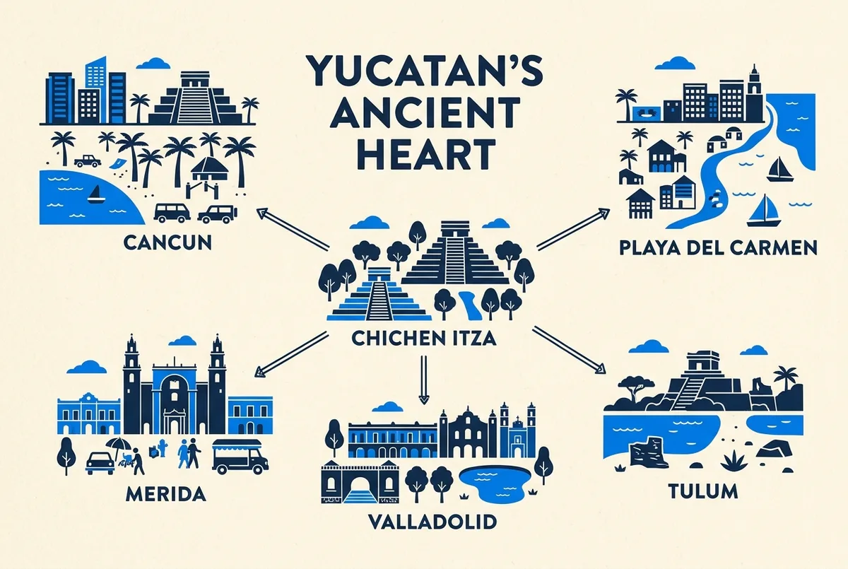 Carte simplifiée montrant Chichen Itza au centre avec des lignes de distance vers Cancún, Playa del Carmen, Tulum, Mérida et Valladolid