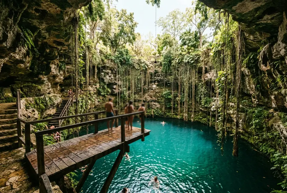 Hölzerne Sprungplattform über türkisfarbenem Wasser im Cenote Ik Kil nahe Chichen Itza, herabhängende Lianen ziehen sich an den runden Steinwänden entlang