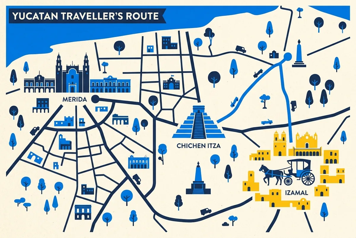 Simple infographic map showing the route from Merida through Chichen Itza to Izamal, with a horse-drawn carriage icon marking the town center