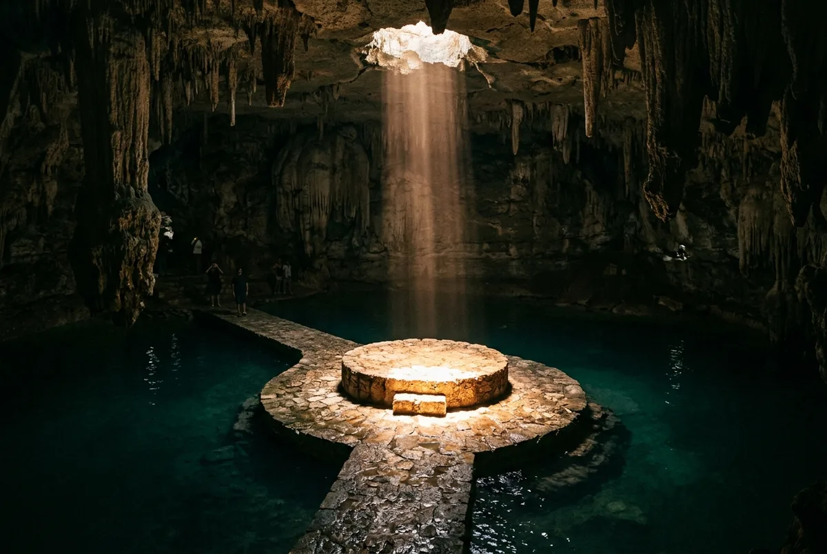 Fin rayon de lumière traversant une petite ouverture au plafond et tombant sur une plateforme en pierre entourée d'une eau turquoise sombre dans le cénote Suytun près de Valladolid