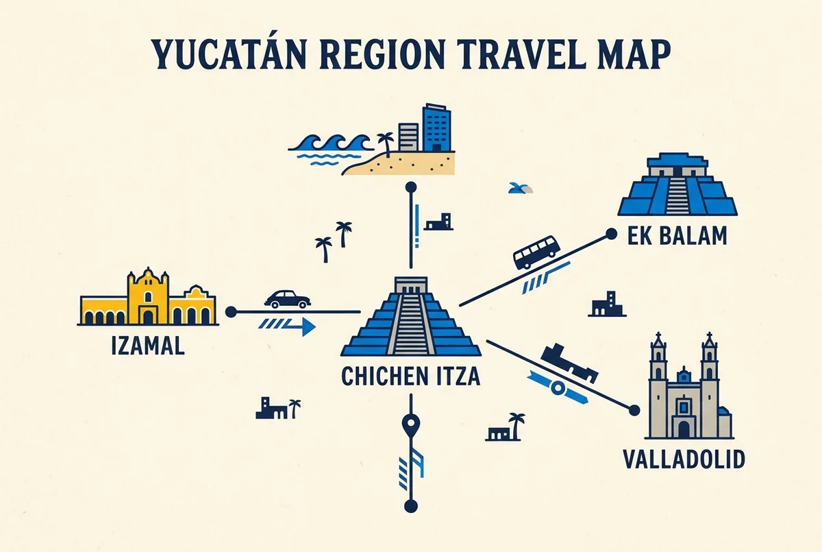 Simple regional map concept showing Chichen Itza at the center with lines radiating out to Valladolid, Ek Balam, Izamal and the coastal cities, labeled with approximate drive times