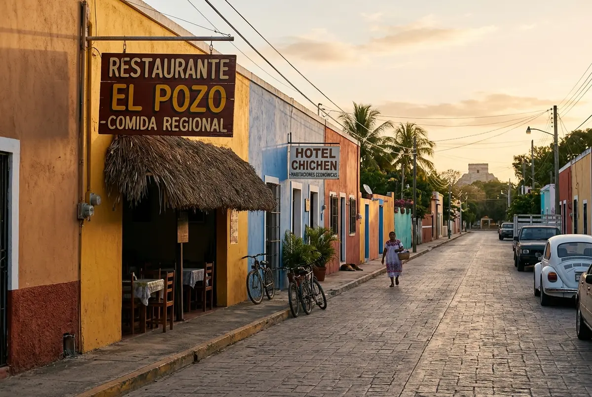 Quiet main street in the village of Piste near Chichen Itza with small budget hotels and a local restaurant sign at early morning light