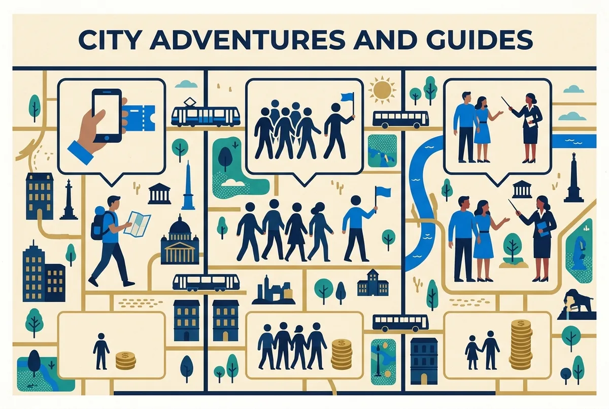 Infographie classant quatre formats de visite guidée chichen itza, billet seul, guide sur place, excursion partagée, excursion privée, sur fond crème uni