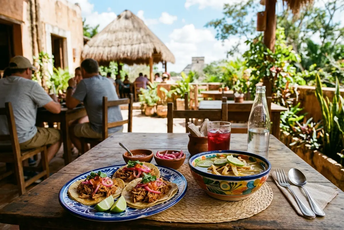 Petite table de restaurant en plein air dans le village de Piste près de Chichen Itza, plats régionaux yucatèques servis sous un toit de palapa, lumière chaude de midi, évoquant où manger près de chichen itza