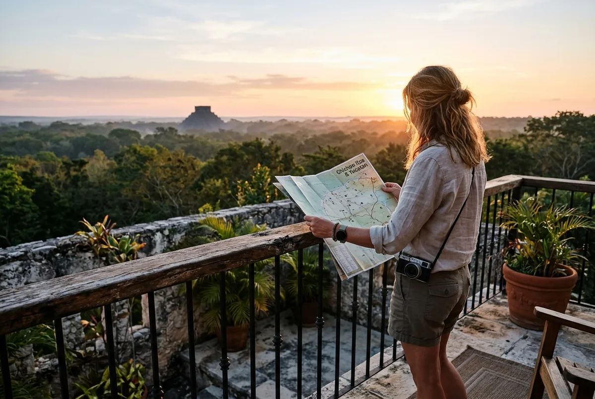 Viajero revisando un mapa de Yucatan en la terraza de un hotel colonial, decidiendo donde dormir para su dia en Chichen Itza, luz calida de atardecer