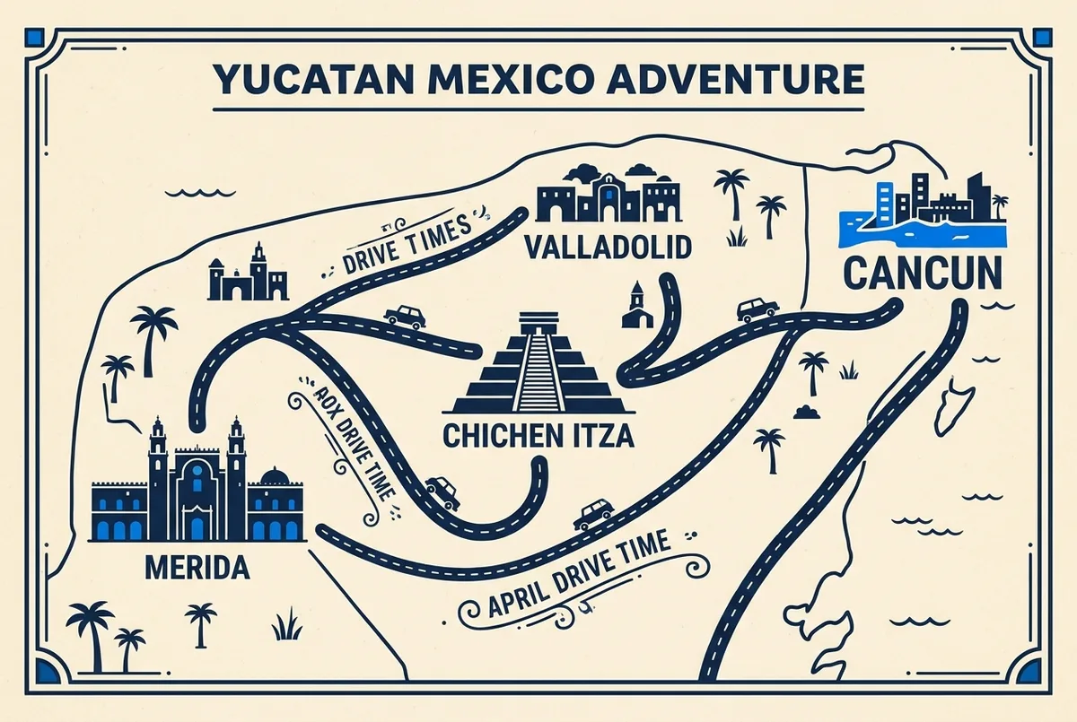 Mapa simplificado de la peninsula de Yucatan comparando la distancia desde Cancun, Valladolid y Merida hasta Chichen Itza, con iconos de cama y carretera en estilo editorial limpio
